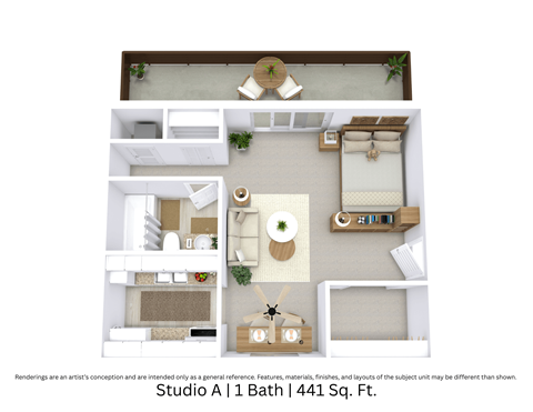 3D floor plan providing an angled view of Studio A, showing furniture placement, room flow, and open design across 441 Sq. Ft.